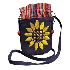 Sunflower Crossbody Drawstring Cotton Canvas Handbag Womens 7.5"x6.75"x3"